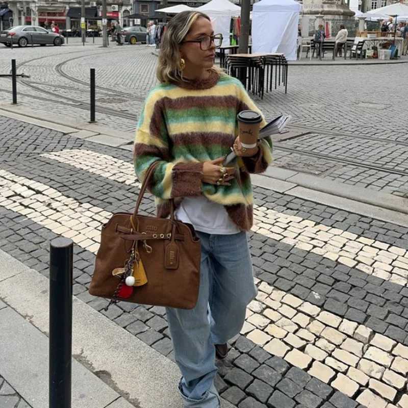 Women's Sweaters Fashionable Colorful Striped Sweater Casual Chic 2025 Autumn Winter Outfit Loose Round Neck Warm Knit Sweaters Maillard Style