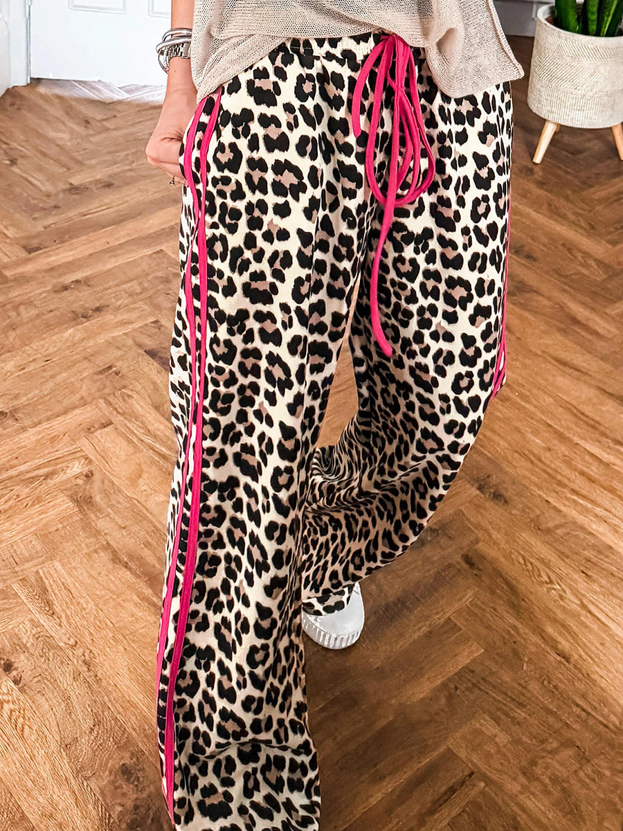 Luxury 2026 Summer New Drawstring Casual Women, European And American Style, Trendy Leopard Print With Contrasting Trim, Straight-Leg Long Pants For