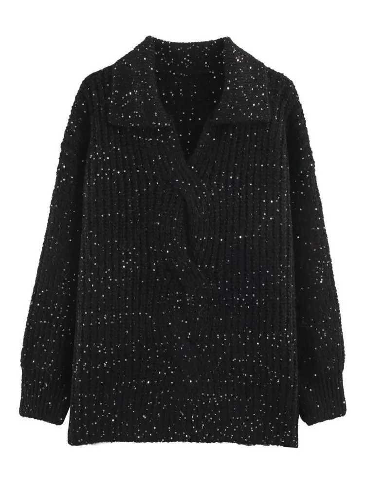 Women's Sweaters MsChuh Autumn 2026 Women's Clothing New Fashion Lapel Sequined Pullover Knitted Sweater Patchwork Solid Color Comfortable