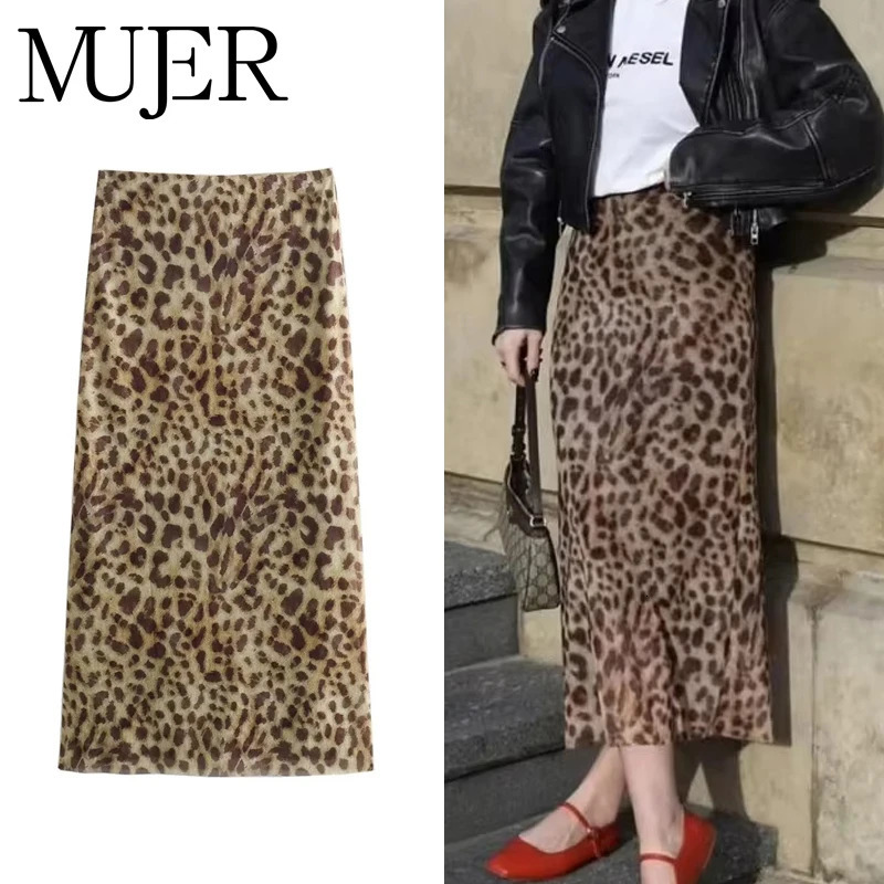 MUJER Leopard Print Midi Skirt Woman Tulle High Waist Long Skirts For Women Summer Vintage Mesh Elegant Womens Skits 260923