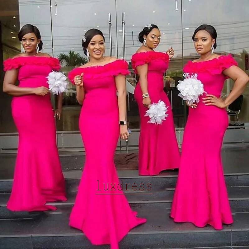Off Shoulder Fuchsia Mermaid Bridesmaid Dress Plus Size Satin Evening Gown with Ruffle Detailing Floor Length Hemline Capped Short Sleeves Zipper Ba