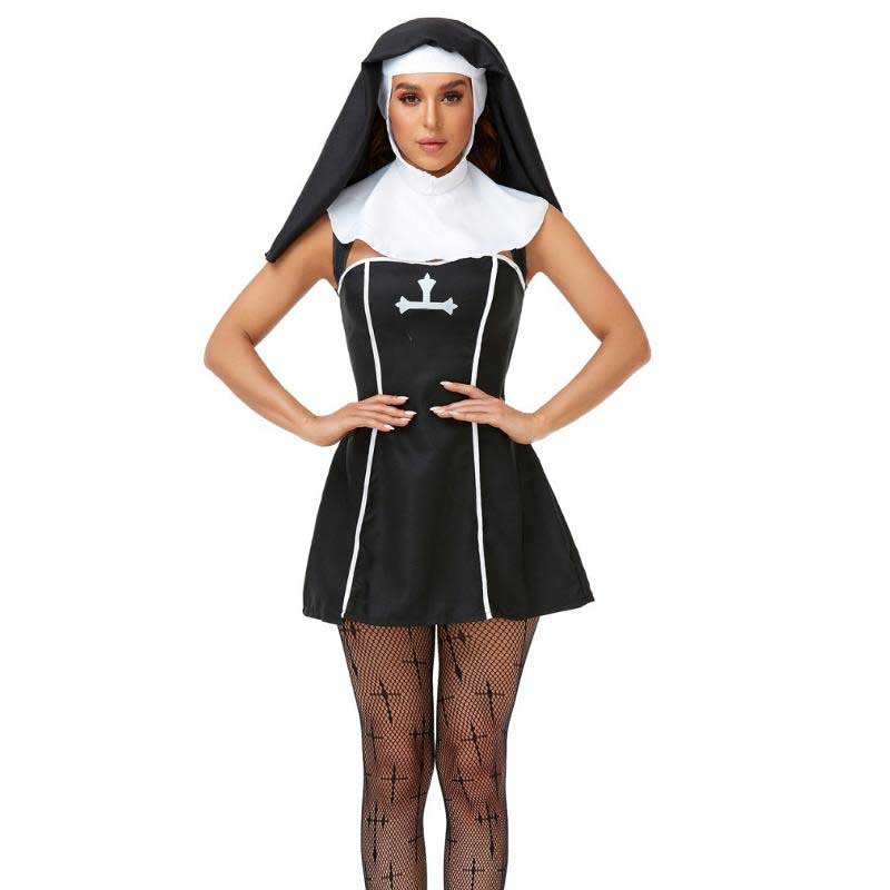 Costume de nonne d'Halloween pour femme en simili cuir - Tenue de nonne - Coiffe pour adulte - Robe sexy pour fête à thème - Jeu de rôle - Carnav