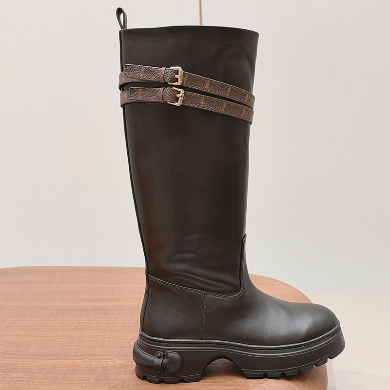 High Boots Womens Designer Classic Long Boots Original Custom Fabric Double Buckle Printed Round Head Thick Bottom Vintage Versatile One Step Boots