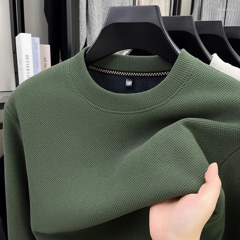 Mens Waffle Knit Crew Neck Sweatshirt Fleece Lined Thickened Warm Long Sleeve Simple Style Winter Casual Pullover Tops