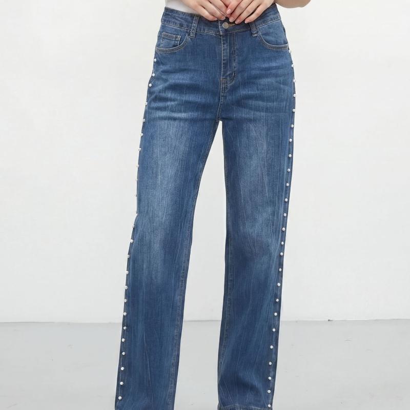 Jean en denim taille haute pour femme, jambe droite, décor clouté de perles sur le côté, pantalon en denim bleu délavé, braguette classique à bou