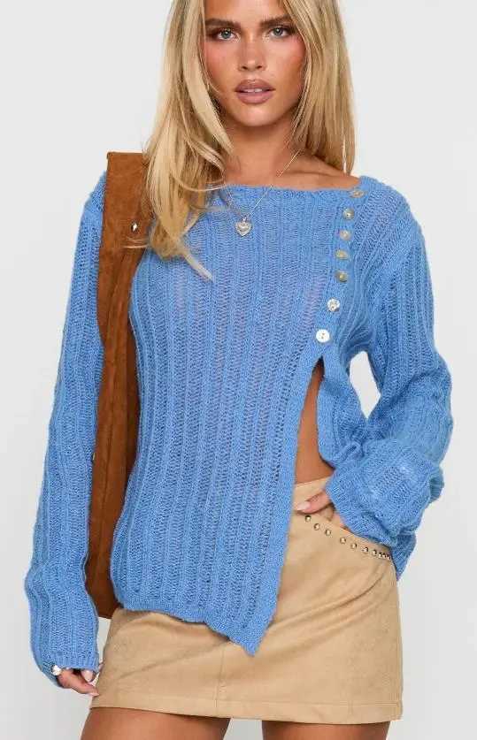 Women's Sweaters Women s Knit Sweaters Long Sleeve Boat Neck Split Hem Pullovers Tops H260923