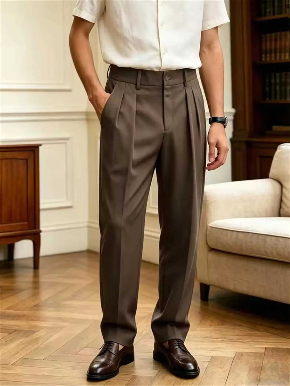 Men's Classic Fit Pleated Dress Pants High Waist Straight Suit Trousers Italian Naples Style Business Work Wedding Formal Slacks C260923