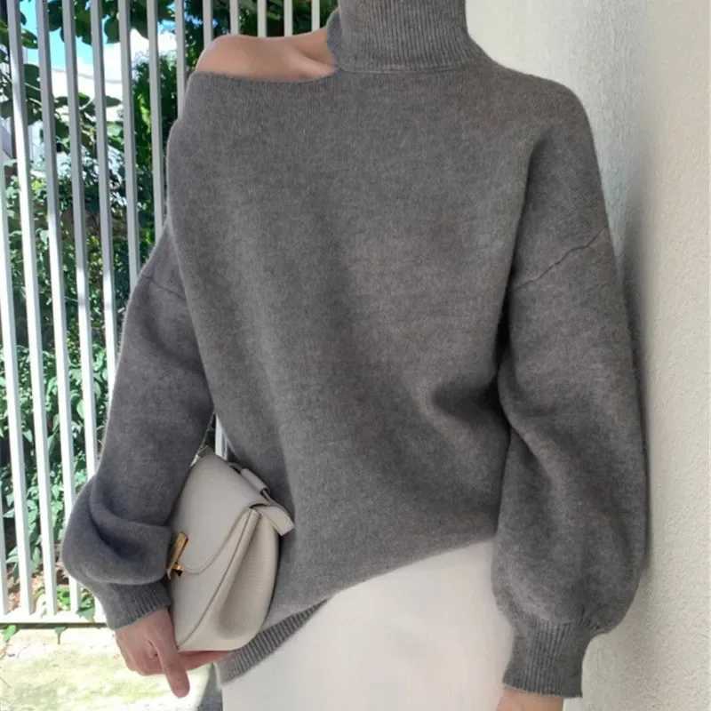 Women's Sweaters Women Off Shoulder Sweater High Collar Knitted Pullover Autumn Winter Long sleeve Loose Knit Tops Woman Casual Jumpers D260923