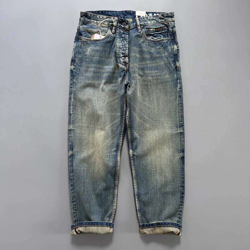 Men Jeans Men's Japanese Indigo Blue Selvedge Straight Leg Denim trousers Jeans For Men Artisan Vintage Spring Washed With Raw Hem Detailing De