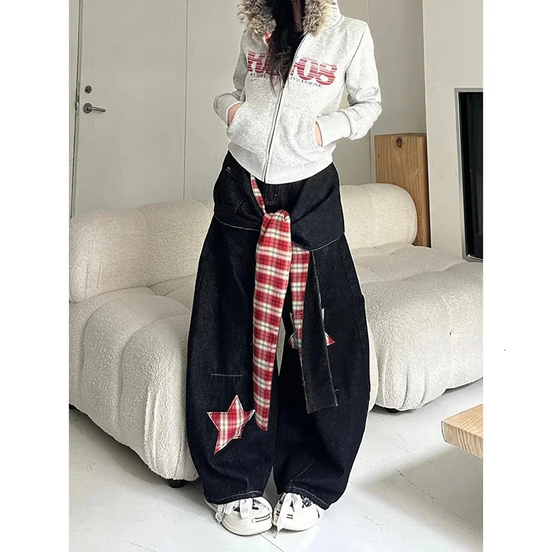 Women Black Vintage Plaid Gothic Y2k Emo Star Jeans Autumn Harajuku Baggy Denim Trousers 2000s Oversize Wide Leg Pants 260922