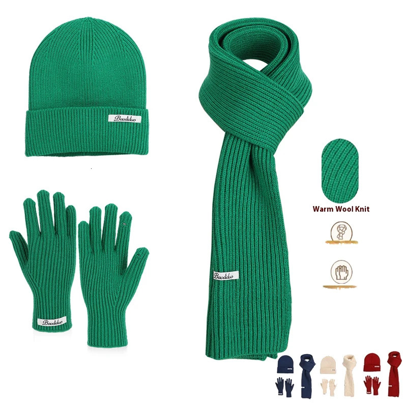 Winter Warm Knitted Hat Scarf Gloves Women's Windproof Adult Three-piece Set Scarves Solid Color Fashion Korean Hats for Women 260923