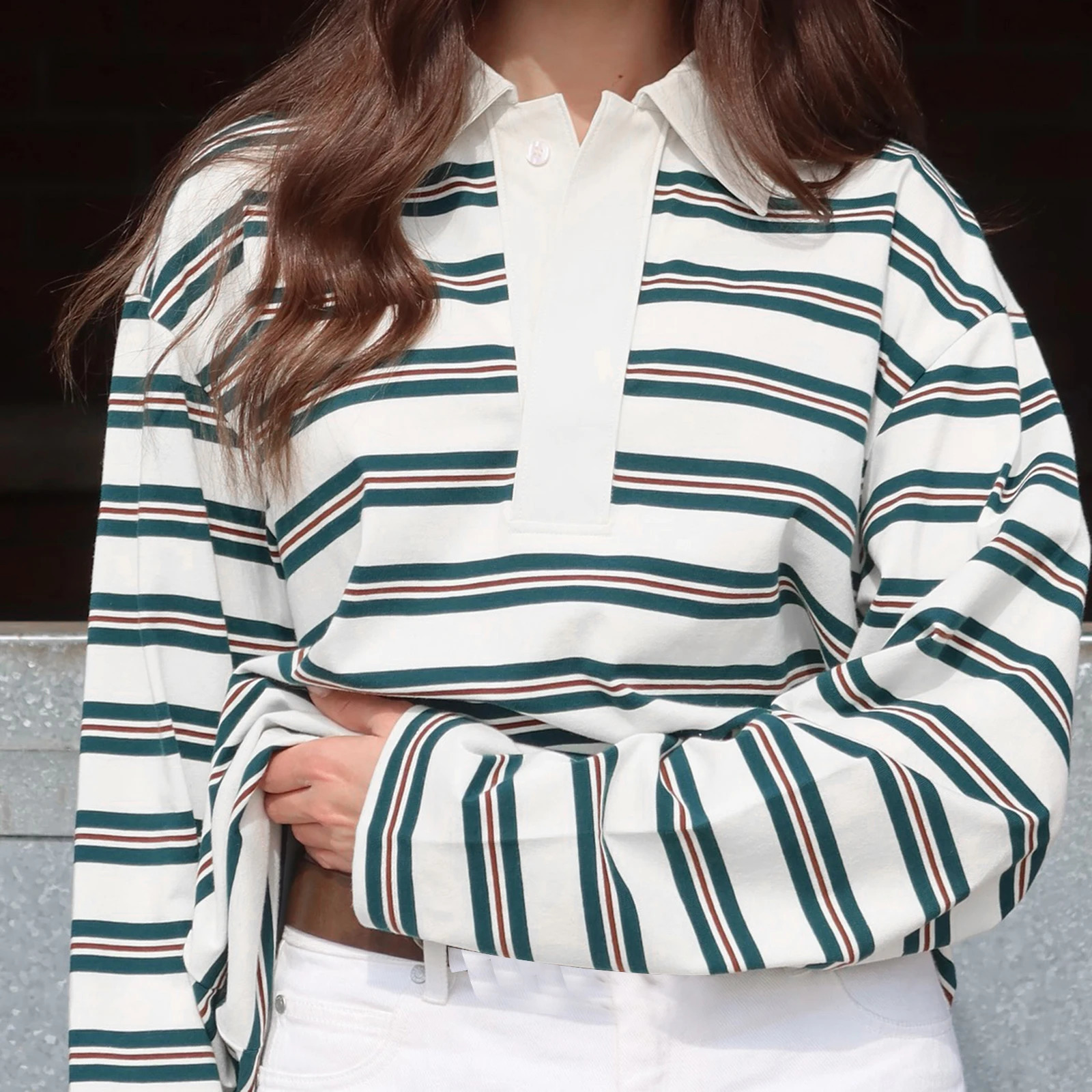 Womens Spring Fall Fashionable Striped Print Collared Tops Casual Long Sleeve Loose Fit Lapel Tshirts 260923