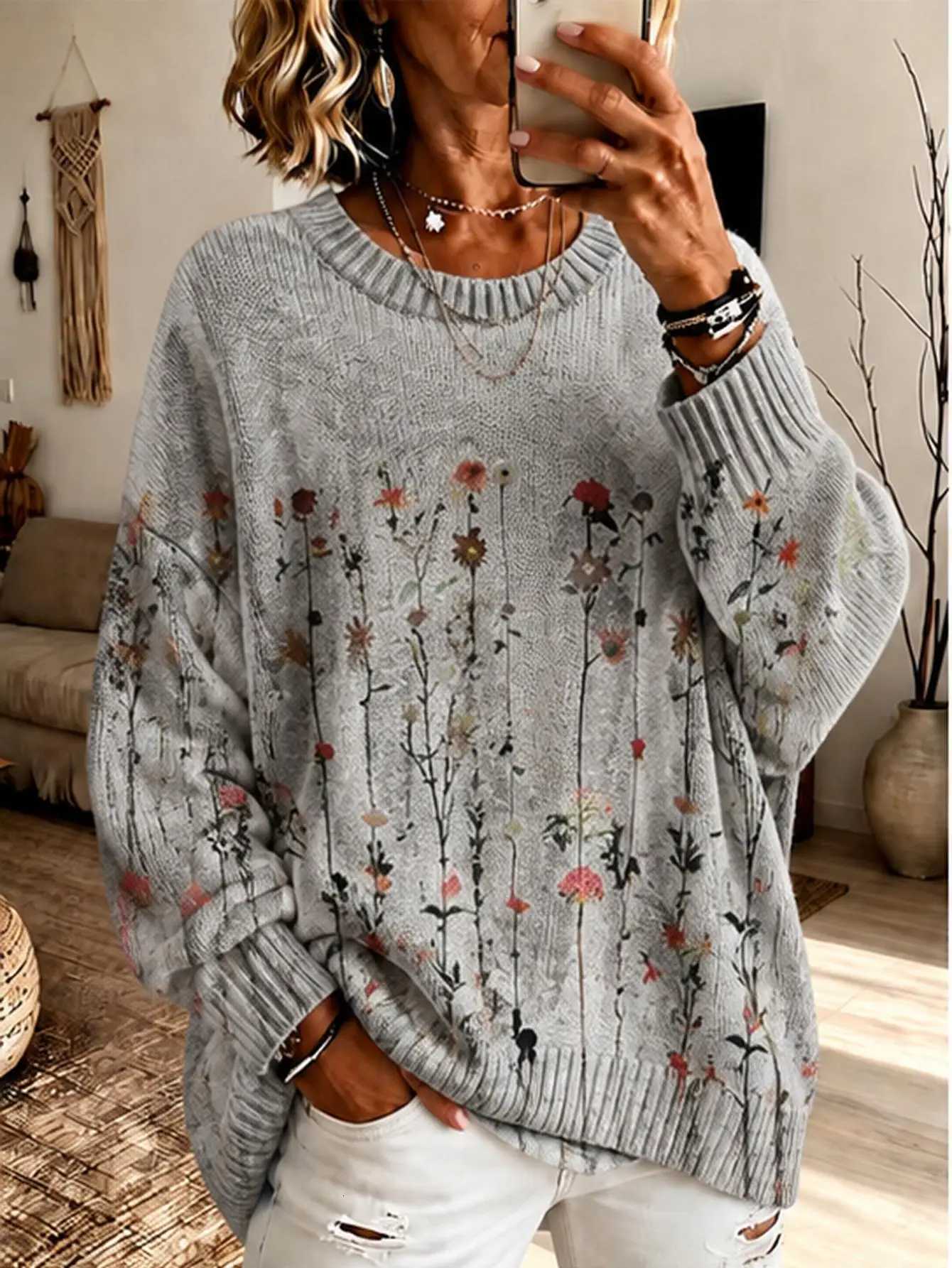 Women's Sweaters Plus Size Women Boho Floral Print Crew Neck Sweater Oversized Longsleeve LooseFit for Autumn Fall Winter Commuting D260923