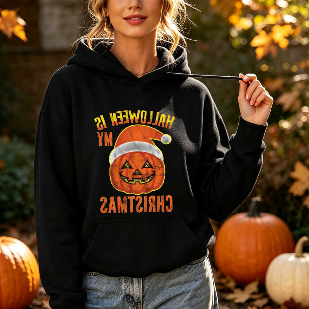 Funny Sweatshirts Women's Halloween Hoodies Is My Christmas Hoodie Women Pumpkin Santa Hat Graphic Sweatshirt Autumn Winter Pullover Streetwear