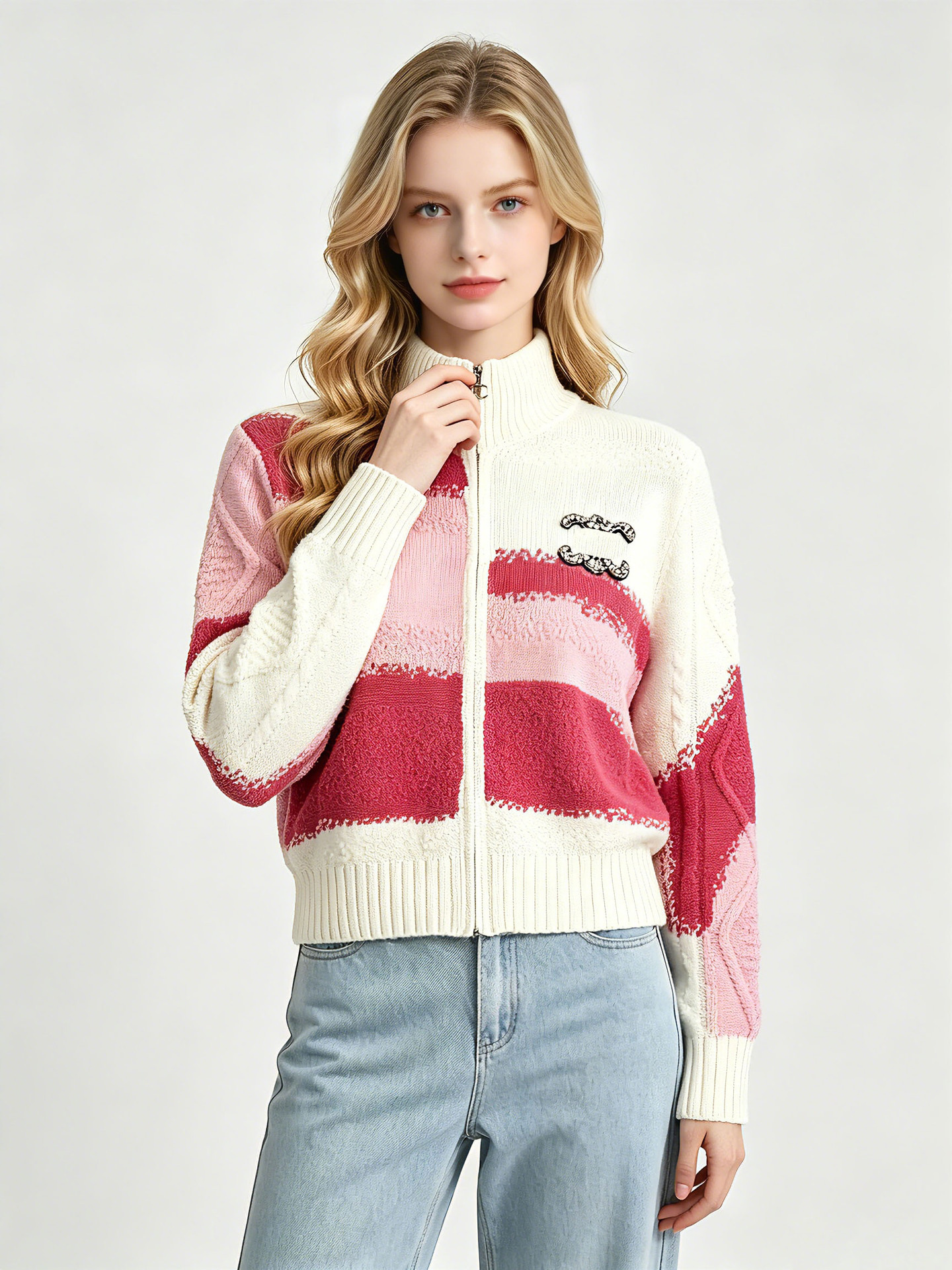 Women's sweater design multi-color zipper knitted cardigan women's heavy-weight beaded collar wool coat thick
