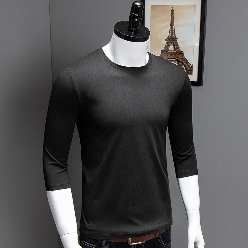 Summer men's round neck three-quarter sleeve T-shirt, short-sleeved, fit, stretchy, plus size, five-quarter sleeve, solid color, mid-sleeve, sl