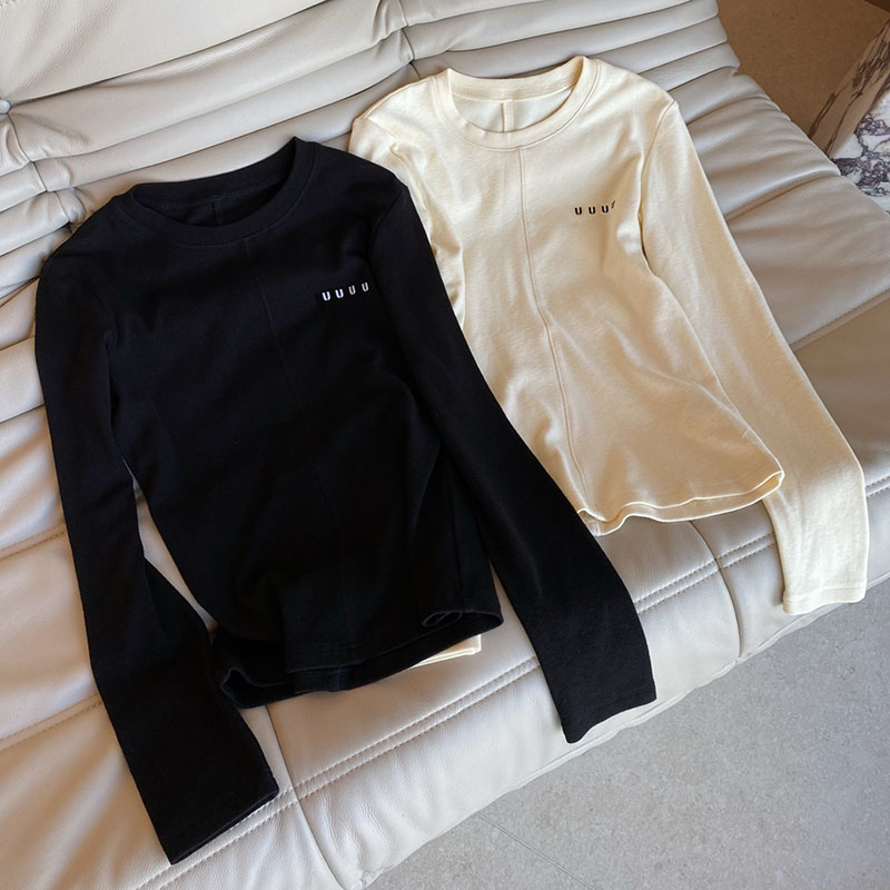 Women Bottoming Shirts Fitted Letter Embroidery Long Sleeve Thin Elastic Cozy Tees Fall Breathable Layering Simple Home Tops