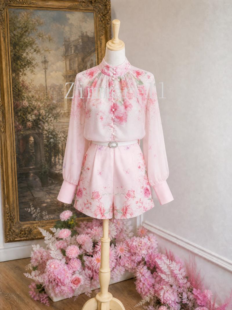 Summer French Chic Court Style 2 Piece Set Women Stand Collar Lantern Sleeve Top Waist Belt Shorts Elegant Vintage Printed