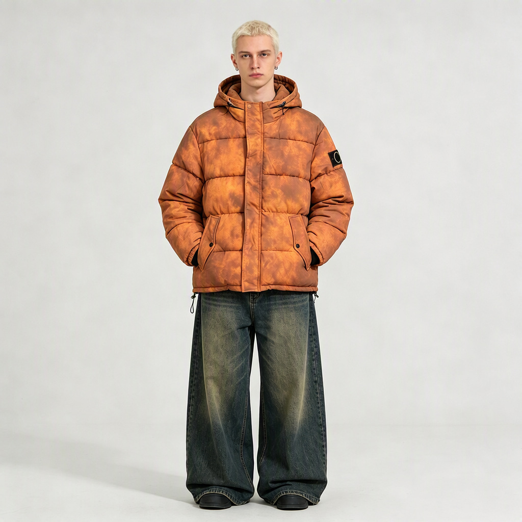 New winter coat - Stone style hooded cotton jacket for men, compass emblem, washed American-style orange tie-dye, loose fit, streetwear, sizes S-XL