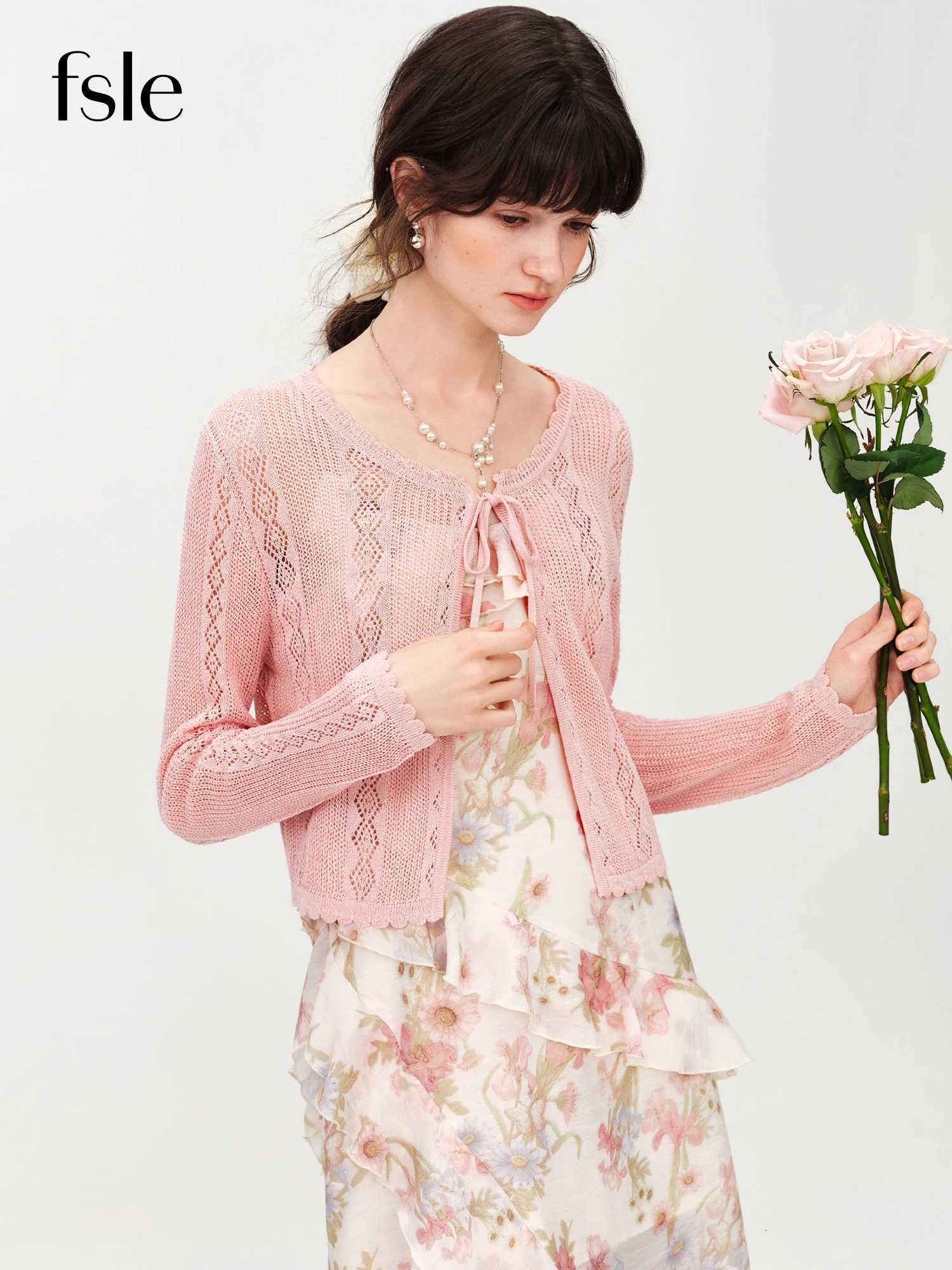 Women's Sweaters FSLE French Linen Lace-Up Braided Knit Cardigan for Summer 2026 Summer New Arrival Ventilated Long Sleeve Blouse Top Short Coa