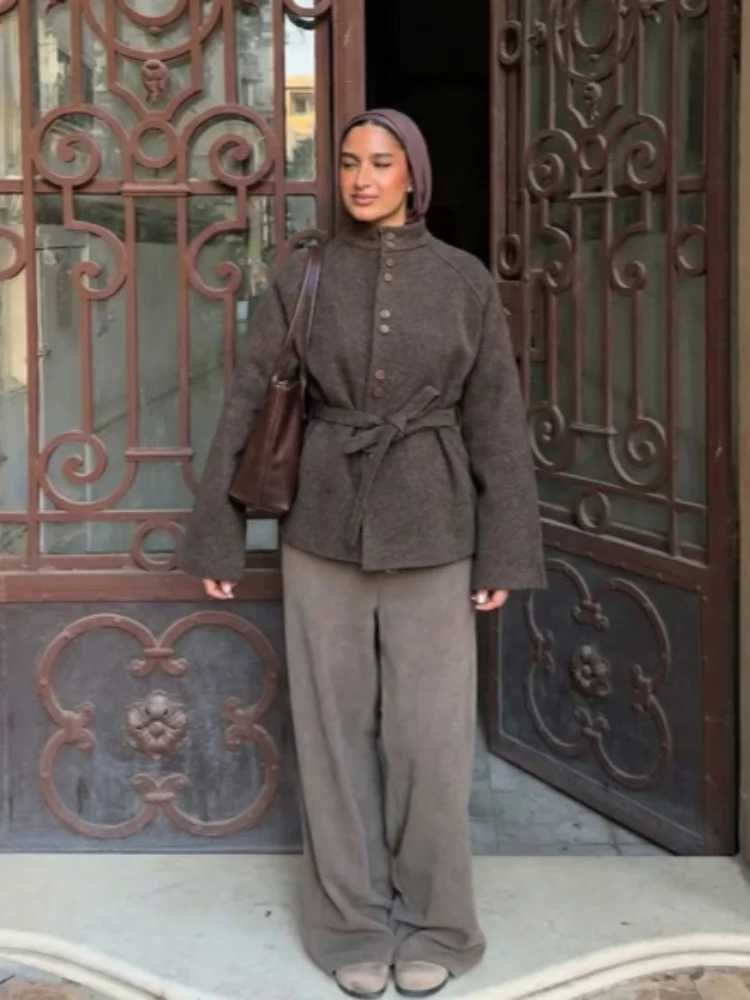 Casual Solid Lace Up Women Jacket Elegant Stand Collar Single Breasted Long Slve Female Coat 2026 Vintage Spring Lady Outwears S2609234VZQ