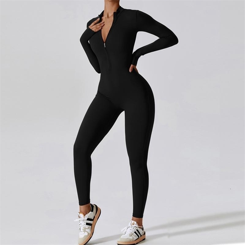 Women Jumpsuits Long Sleeve Yoga Slim Fit Stretch One Piece Romper Sexy Fitness Female Black Basic Elastic Zipper Sportwears 260922