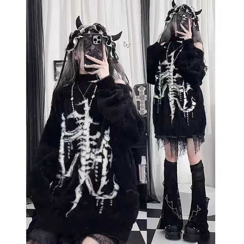 Women's Sweaters Subculture Punk Style Long Sleeve Pullovers Women Casual Slash NeCK Y2K Sweaters American Vintage Slim Fit CloTHing Autumn H26