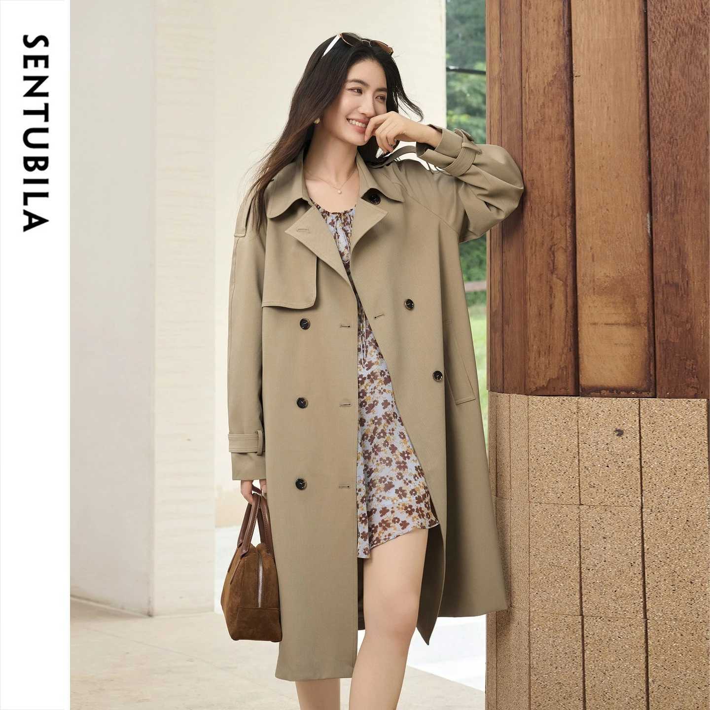 SENTUBILA DoubleBreasted Long Trench Coat British Style Notched Lapel Detachable Belt Women Autumn Office Outerwear 163FB7774 M260922