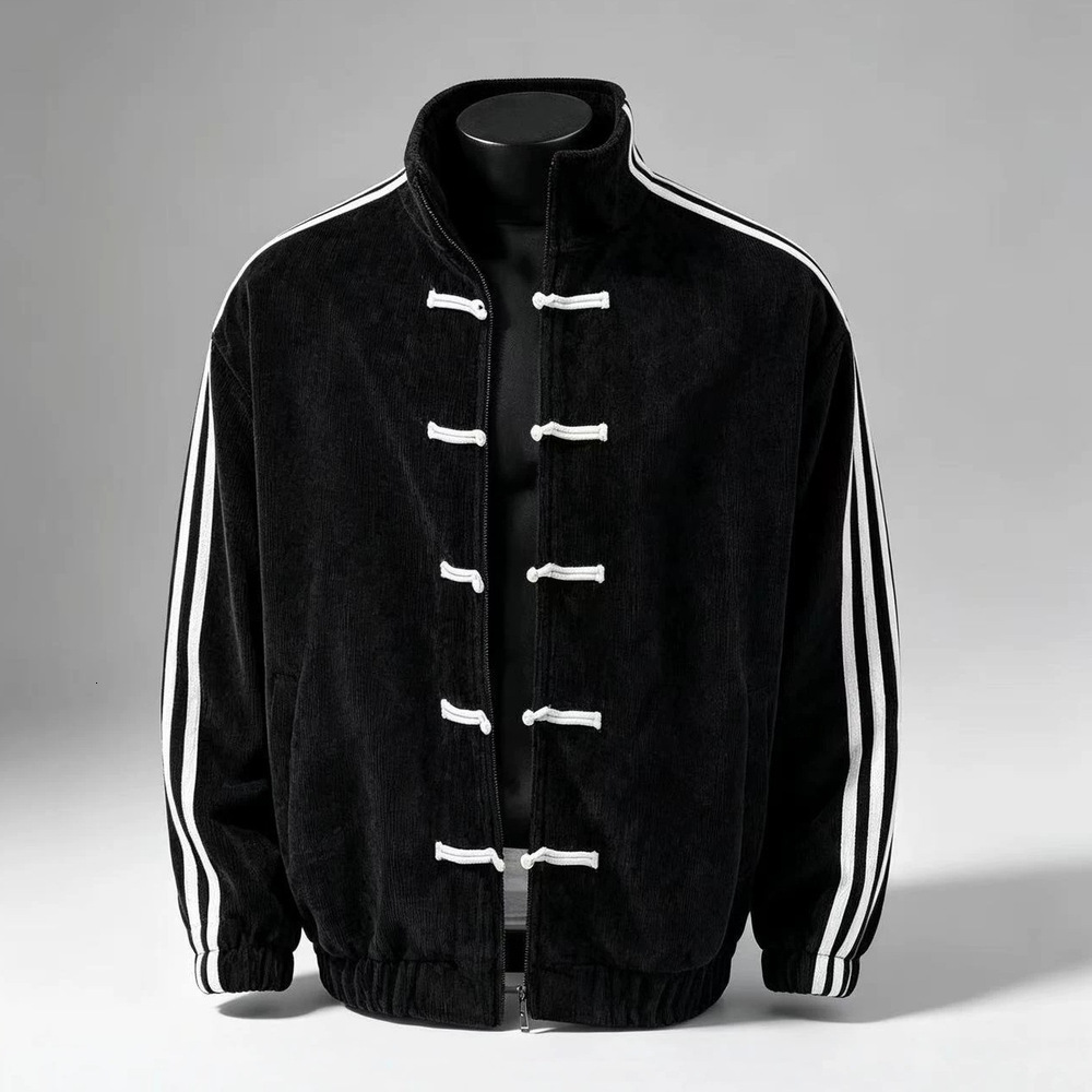 New Chinese National Style Button Men's Spring Design Stand Collar Baseball Three Stripes Sports Cardigan Jacket-3