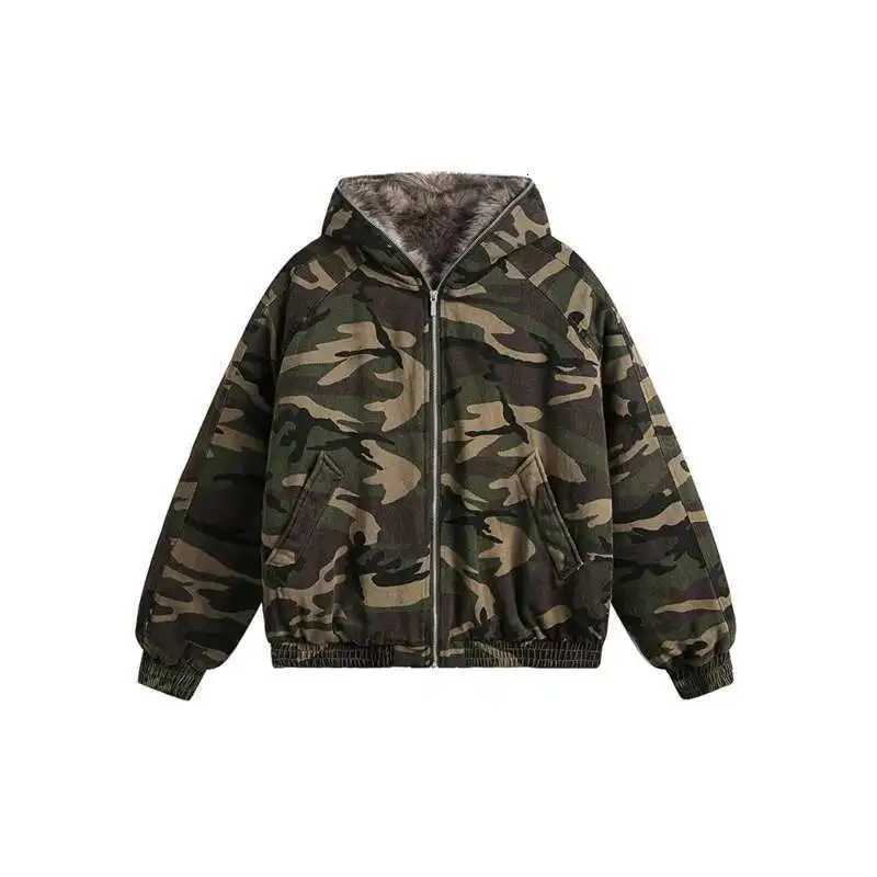 Down Parkas PFNW American Men's Style Men's Padded Jackets Loose Fleece Camouflage Thickened Casual Zipper Hooded Male Coats New Tide 2024
