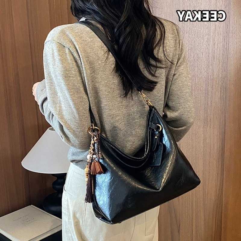 Cross Body CEEKAY Women's Hobo Bag Dark Brown Glossy Faux Leather Tassel Bead Charm Pendant Versatile Everyday Commute Casual Style D260923