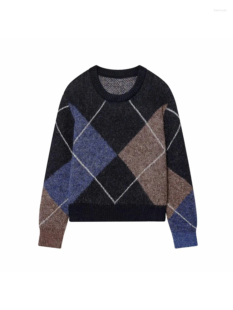 Women Fashion Chic Long Sleeves Knitted Tops Argyle O-Neck Pullovers Female Autumn Casual Loose Sweater