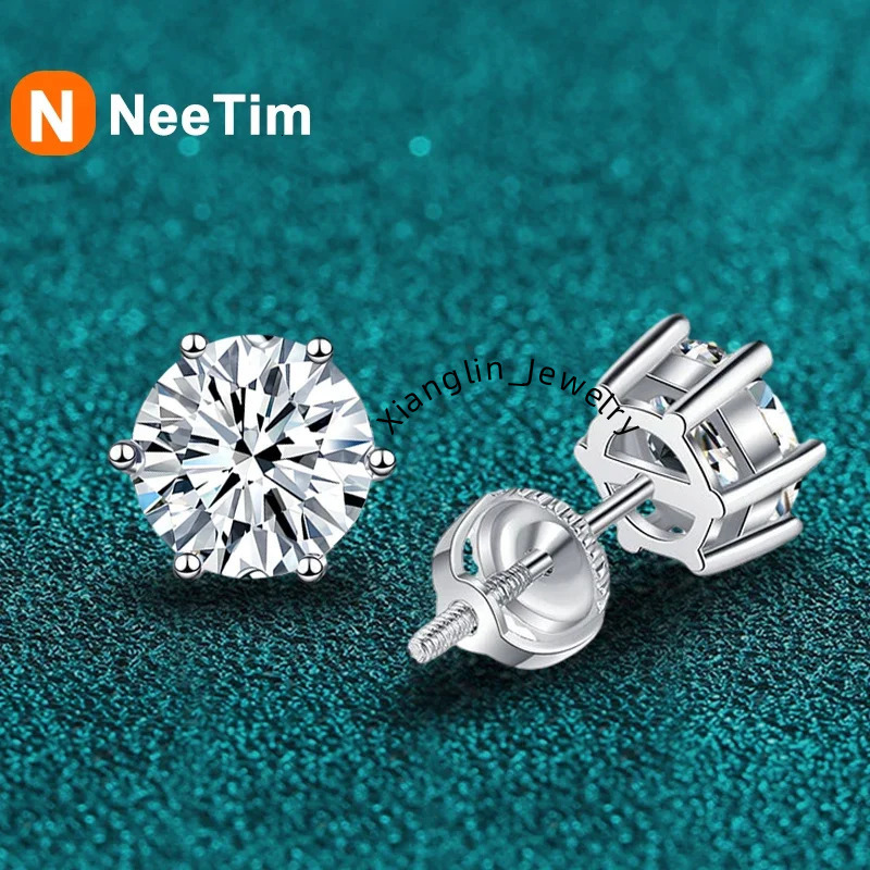 NeeTim 1ct 2ct Moissanite Earrings For Women Men Lab Diamond White Gold Plated 925 Sterling Silver Stud Earring Luxury Jewelry