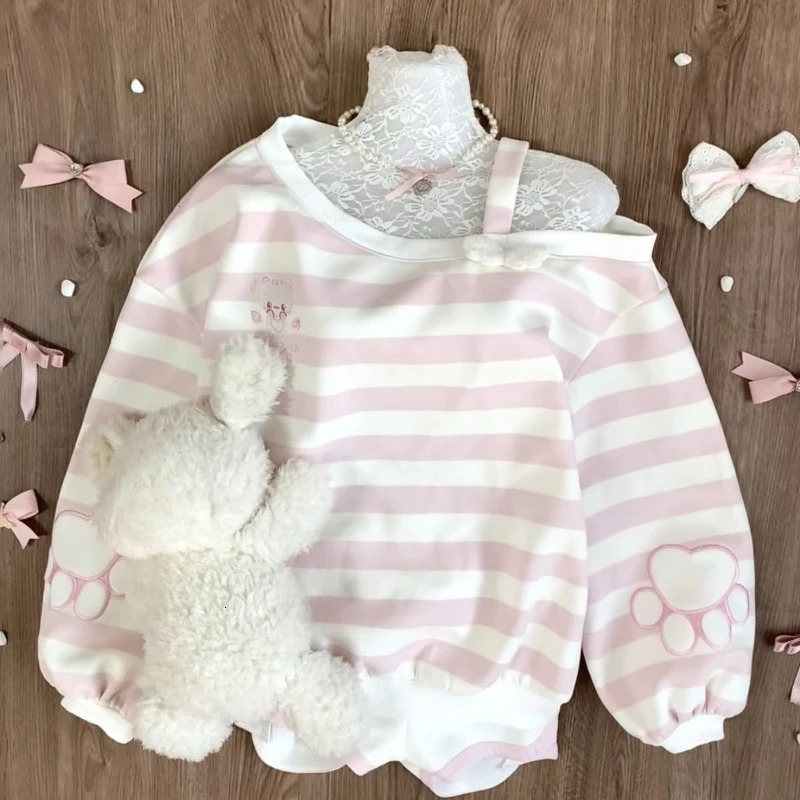 Japanese Skew Collar Stripe Hoodies Autumn Harajuku Kawaii Cartoon Printing Sweatshirt Casual Loose Y2k Aesthetic Streetwear 260923