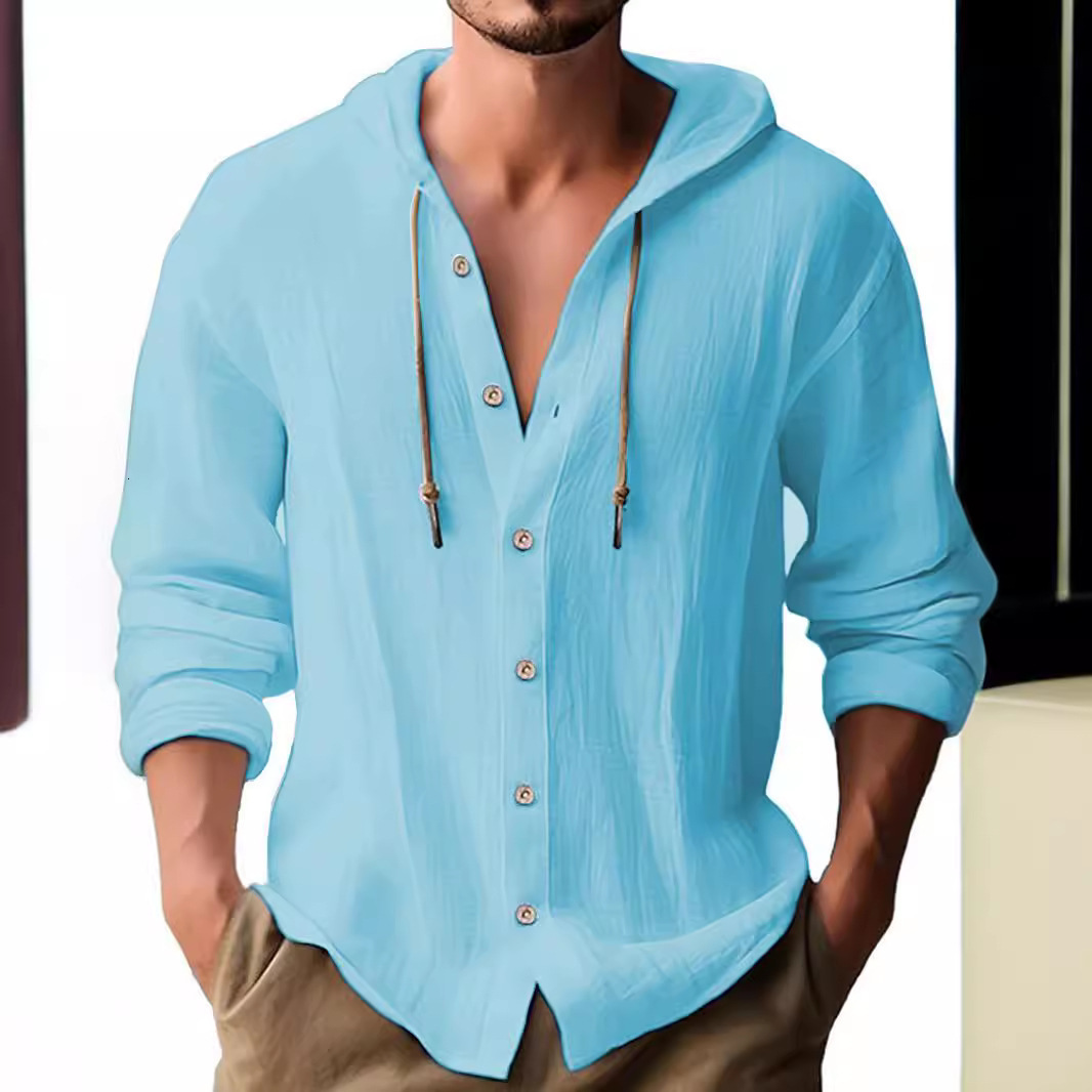 2026 New Spring Summer Men's Hooded T-Shirt Solid Color Cotton Linen Men's Casual Long Sleeve Top