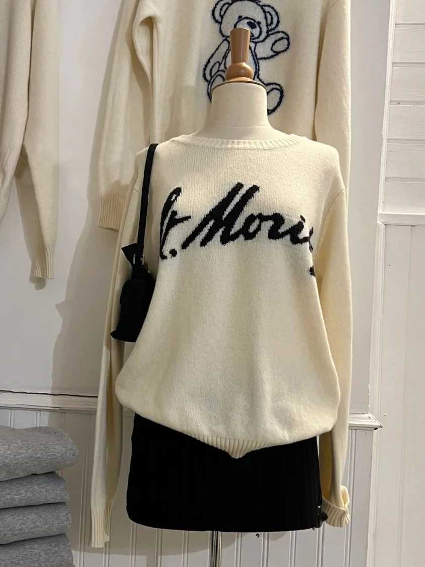 Women's Sweaters Letter Jacquard Sweater Woman Autumn O-neck Long Sleeve Cotton Knitted Jumper Female Casual Preppy Style Sweet Pullover Tops H