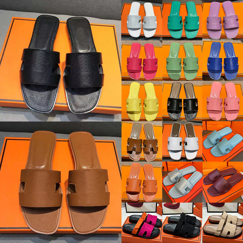 Sandales de créateurs Sandales Femmes Pantoufles Véritable Cuir De Vache Talon Plat Sliders Pantoufles En Caoutchouc D'été Noir Blanc Marron Kaki