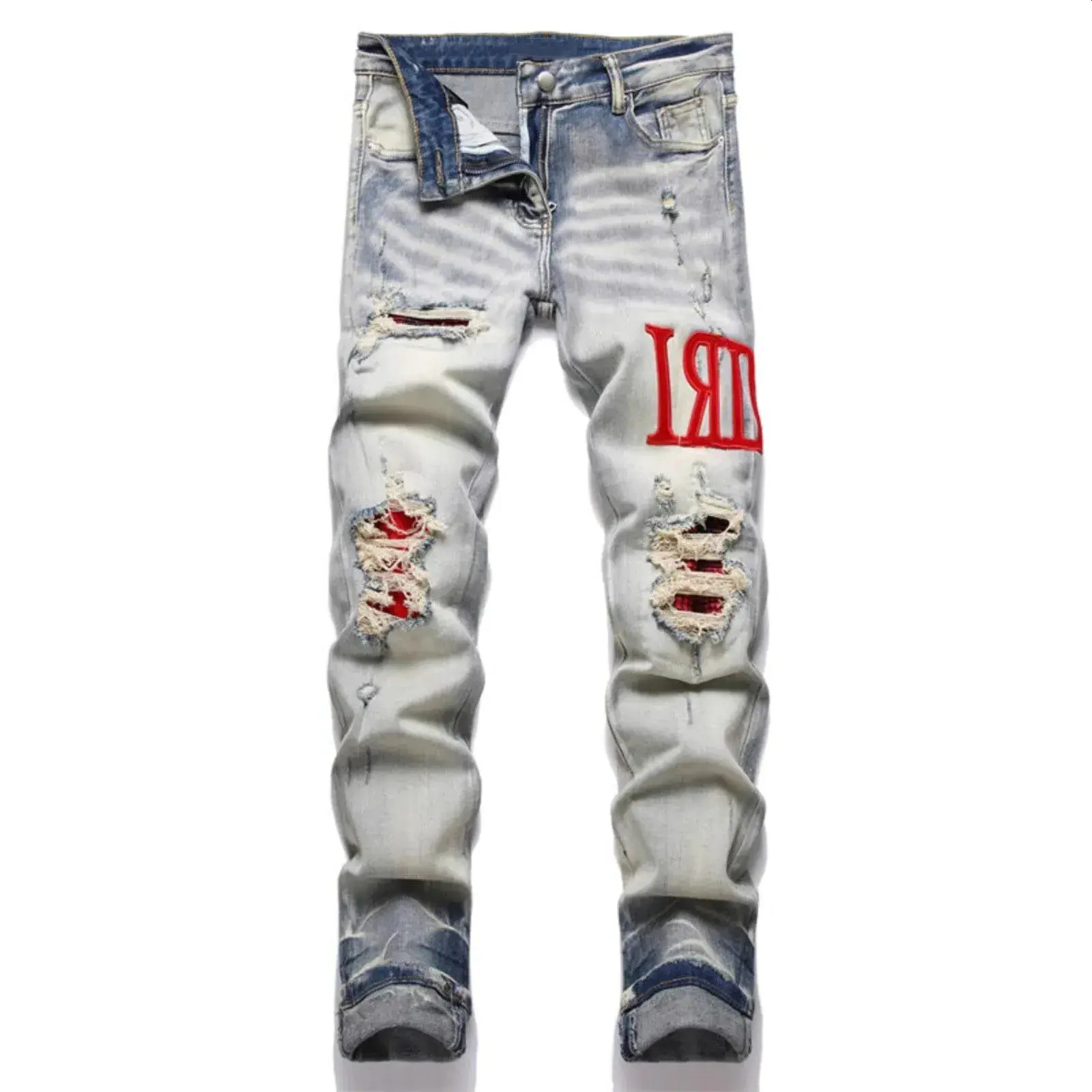 Men Jeans Mens Ripped Distressed trousers Destroyed Slim Fit Straight Leg Denim Jeans Embroidery Red Plaid Lining Patchwork Skinny Jean Pants S 3Xl