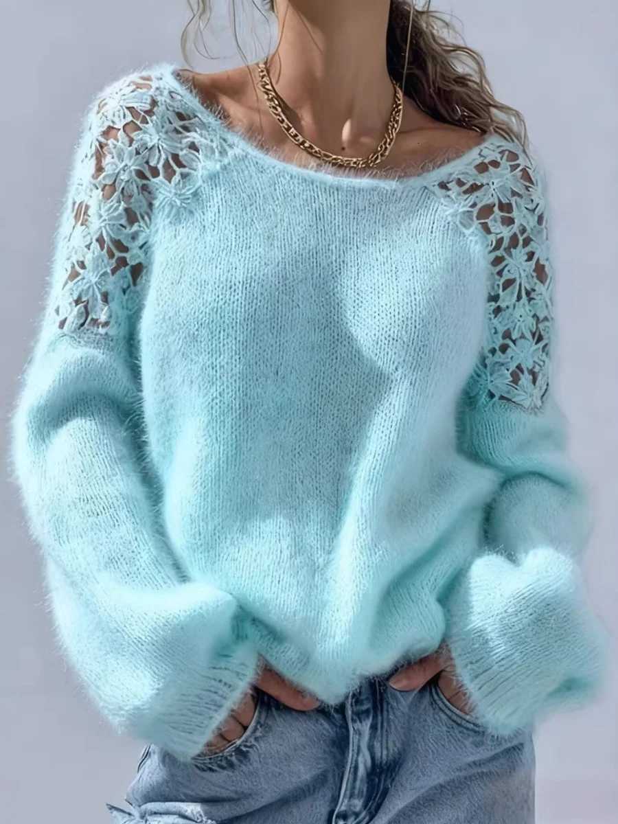 Women's Sweaters Women's Elegant Solid Knitted Sweater Casual Hollow Out Lace O-Neck Loose Fit Warm Soft Pullovers Autumn Winter Female To