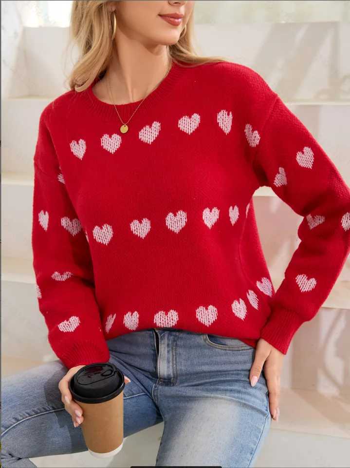 Women's Sweaters Valentine's Day Red Fashionable 2024 Winter New Knitwear Heart-Shaped Cute Sweet Style Women's Top D260923
