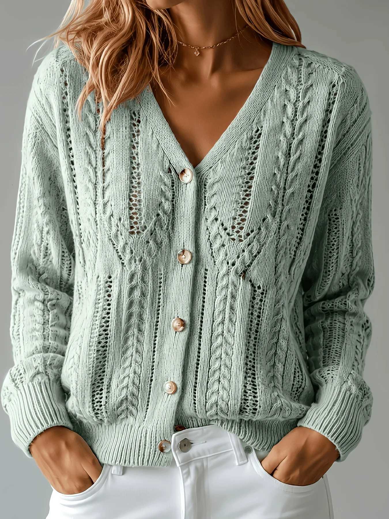 Women's Sweaters Loose Hollow Out Knit Cardigan for Spring Autumn Lazy Style V-Neck Button Down Fashion Women's Sweater H260923