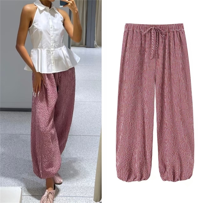 Women's Long Pants Summer Style Red Plaid Drawstring Lantern Pants Long Pants Beach Vacation 260921