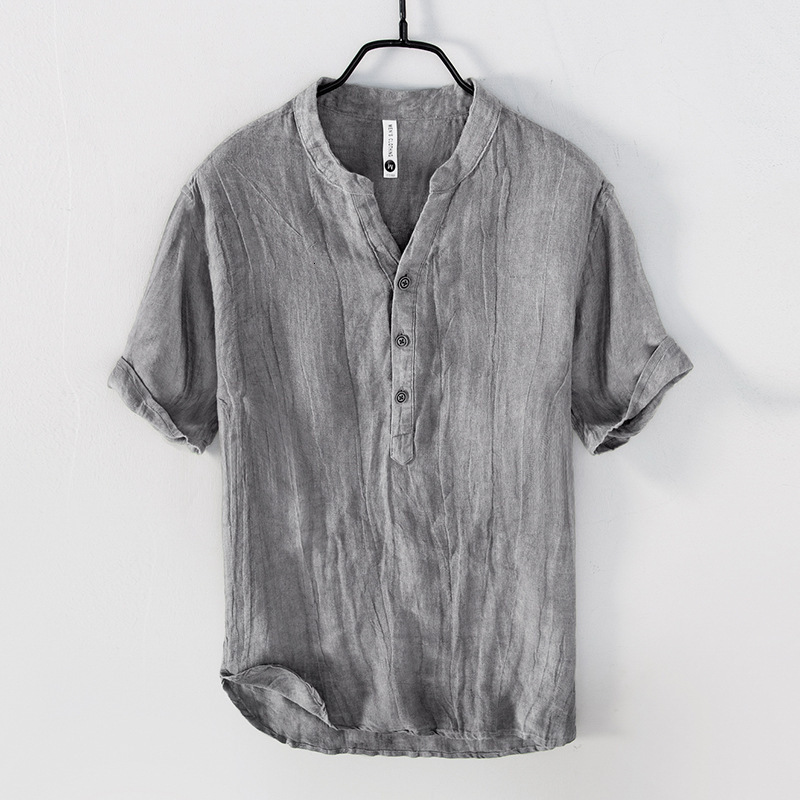 Summer lightweight linen short-sleeve T-shirt for men, casual stand-up collar pullover shirt, Chinese style, large size, vintage cotton-linen top aa