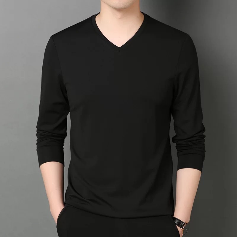 2025 Long Sleeve T-Shirt for Men, Spring and Autumn Thin Slim Fit Casual Base V-Neck Tee, Inner Layer Top