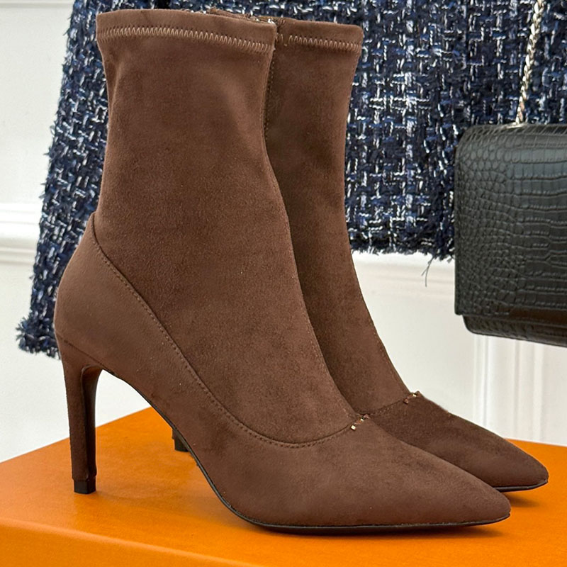 Gala Ankle Boot Designer Womens Suede Pointed Elastic Short Boots Velvety Texture High Heels Slim Luxury Autumn Winter Party Look Thin Fashion Boots