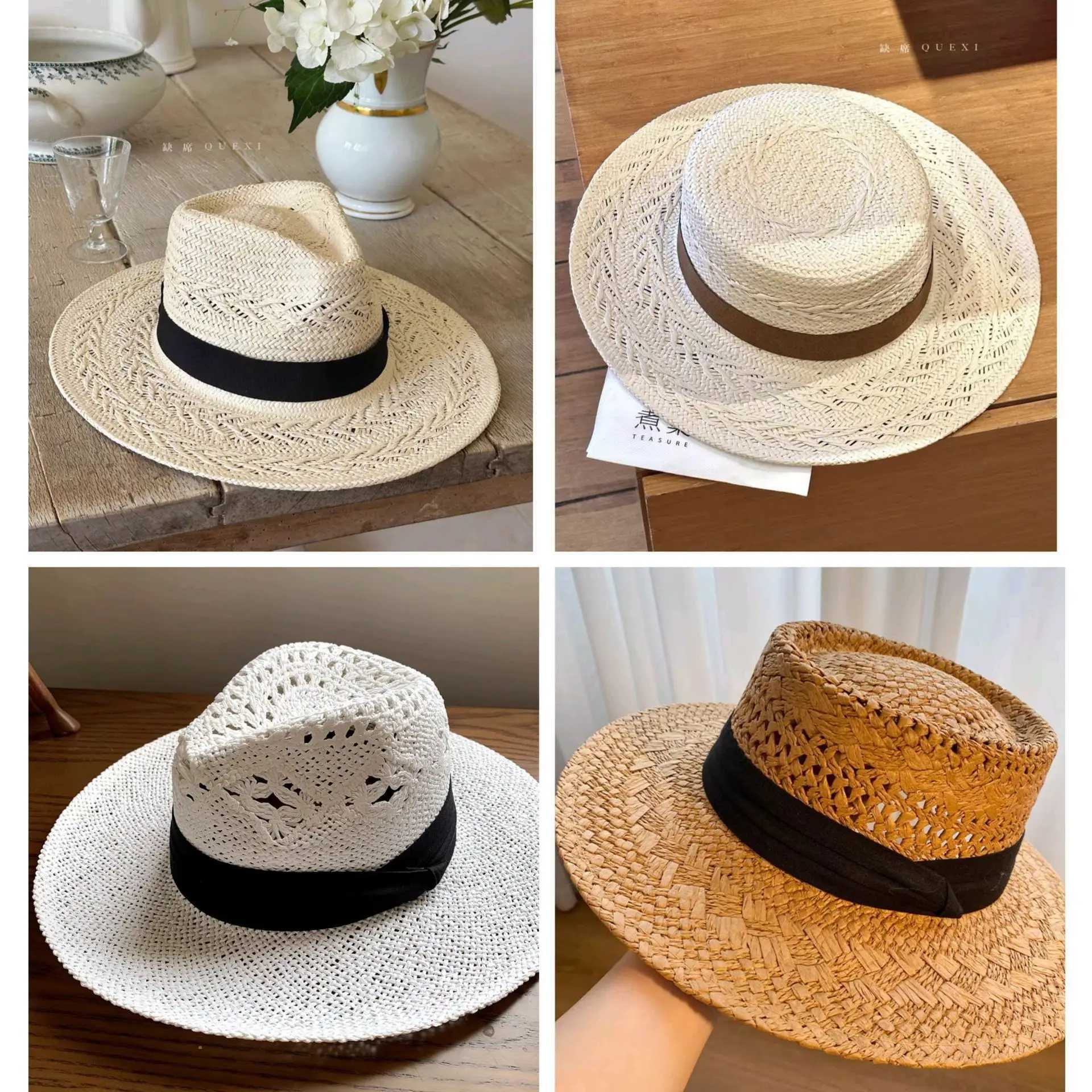 Women's Handmade Straw Hat French Retro Hollow Woven Flat Top Sun Hat Beach Vacation Wide Brim Summer Cap for Large Head Z260922