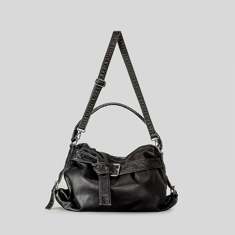 Stylish black motorcycle European American retro large-capacity PU soft leather tote bag, heavy-duty shoulder and crossbody bag for women
