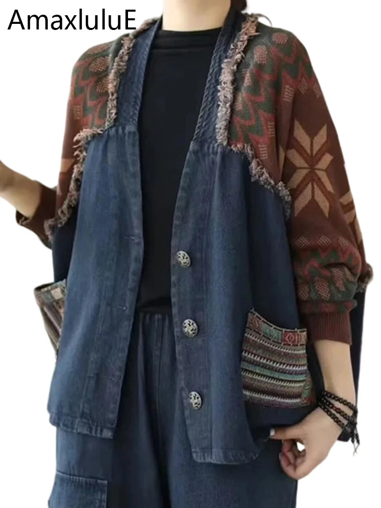 Amax LuluE Autumn Womens Fashion Loose Knitted Patchwork Denim Jackets Ladies Printed Vintage Leisure Coats Punk Streetwear 260923