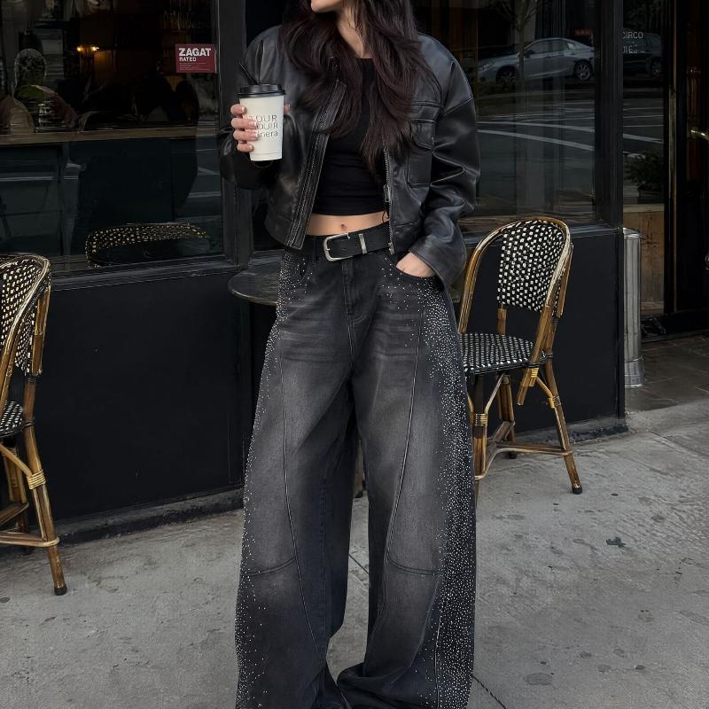 Pantalon en denim à jambes larges pour femmes, tendance, taille haute, délavé, noir délavé, panneau décoratif en strass, détails de couture, coup