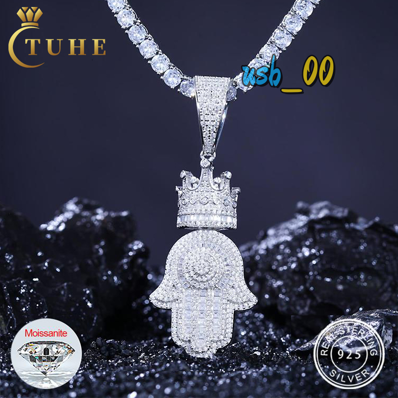 High Quality Vvs Moissanite Crown Hamsa Hand Pendant Pass Diamond Tester Baguette Diamond 925 Silver Hip Hop Pendant